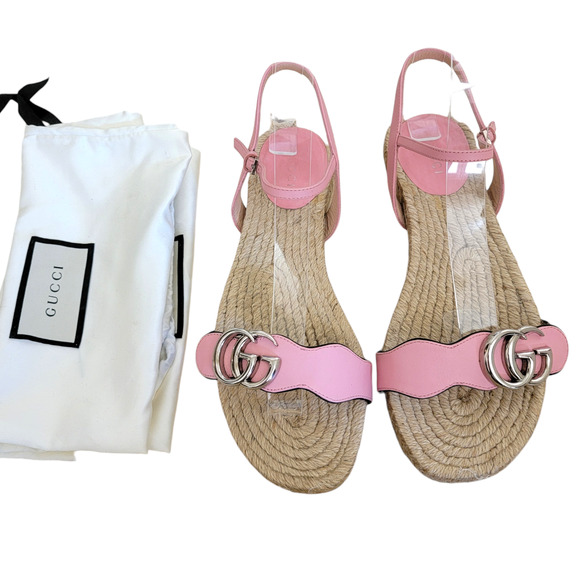 Gucci Marmont Pink Espadrille GG Logo Strappy Leather Sandals Flat 6.5 36.5 - Picture 3 of 11